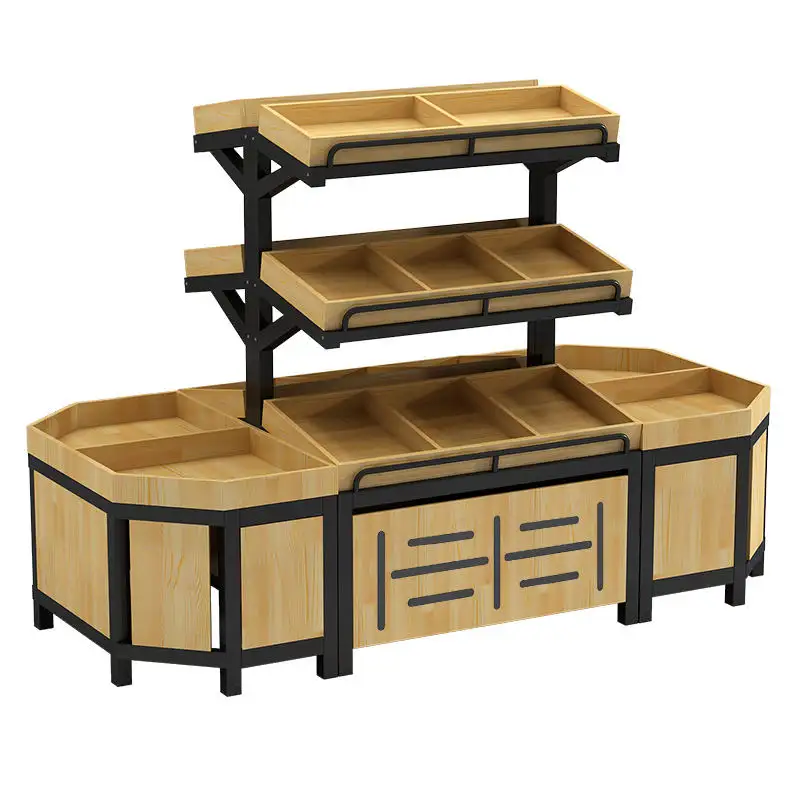 3 layers wooden vegetable shelf double-side fruit stand fruit and vegetables display rack for supermarket