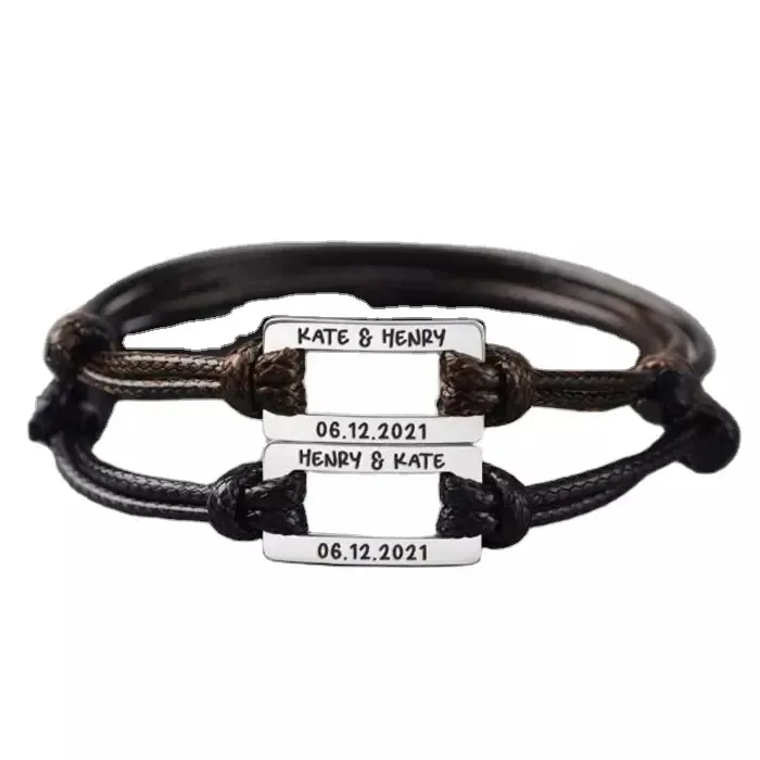 Venta al por mayor DIY Acero inoxidable personalizado joyería bar grabado Nombre Fecha Amistad pulsera Negro pulsera ajustable