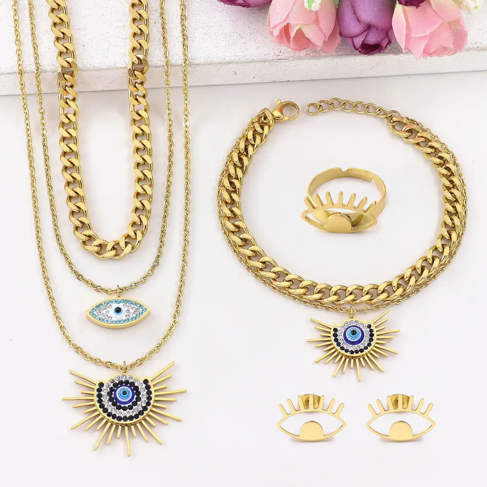 100 Styles Fashion Set placcato in acciaio inossidabile 18 carati Devil Eye collana in titanio con anello di chiusura a cuore Set di gioielli per le donne/