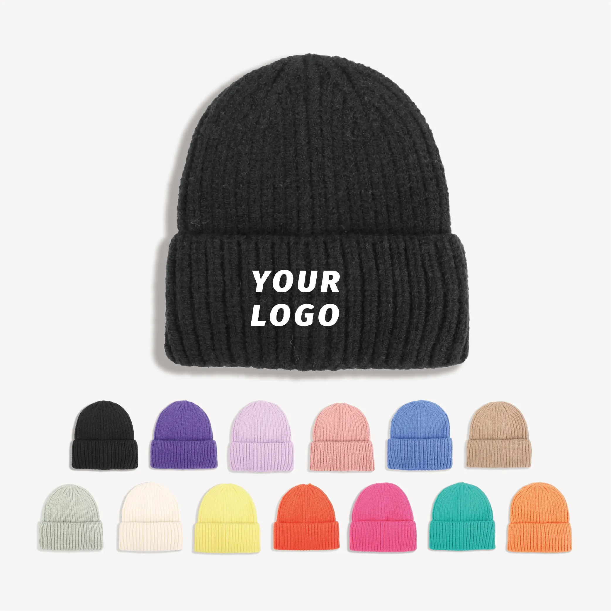 Gorro de invierno tejido para bebé con logotipo bordado personalizado de alta calidad para niños, gorro con puños de varios colores