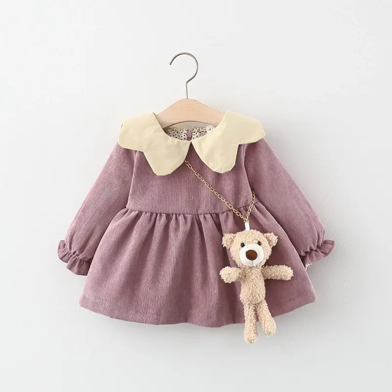 Vestido de PANA con cuello de muñeca con volantes para niña, vestido suave y grueso cálido con Oso de muñeca para niña