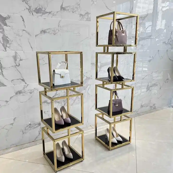 High end customized square window display rack, metal shoe bag display and storage rack in Shoe store