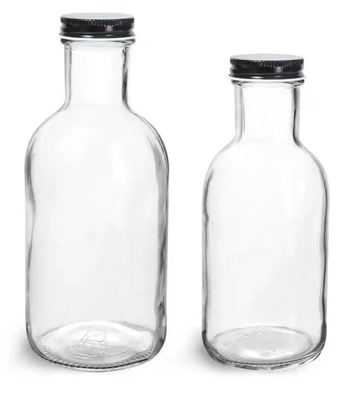 Bottiglia robusta in vetro trasparente da 16 once e 8 once e 12 once con tappo rivestito in metallo nero per imballaggio e salsa e bevande