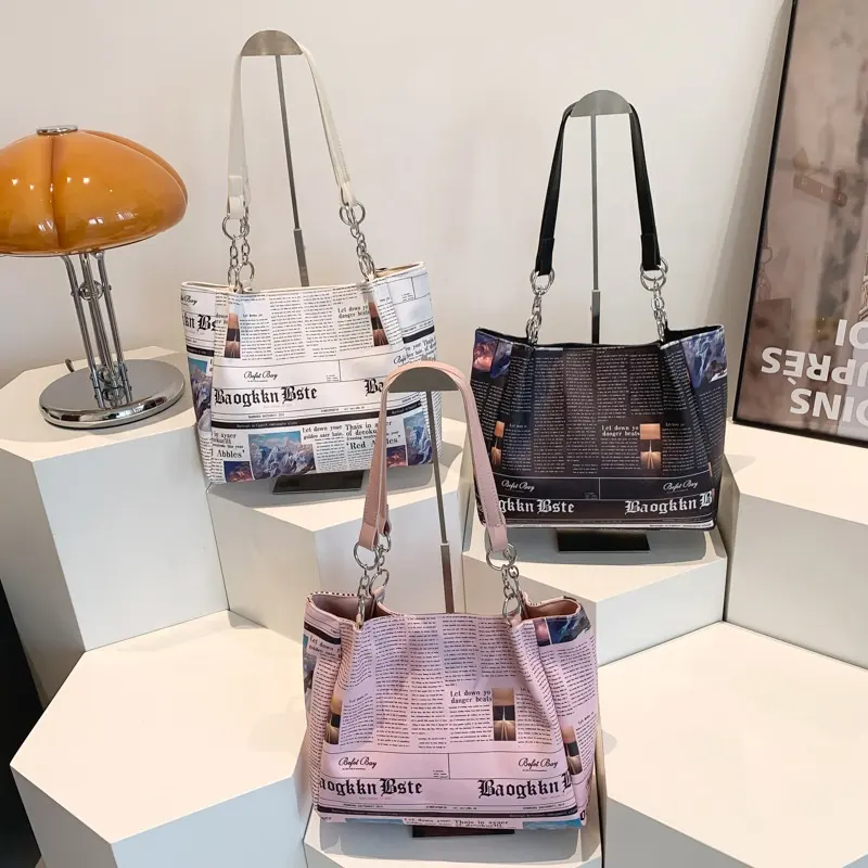 New Arrival Newspaper Shopping Bag Zipper Letter Crossbody Bag Personalized Large Capacity Tote HandBag For Ladies