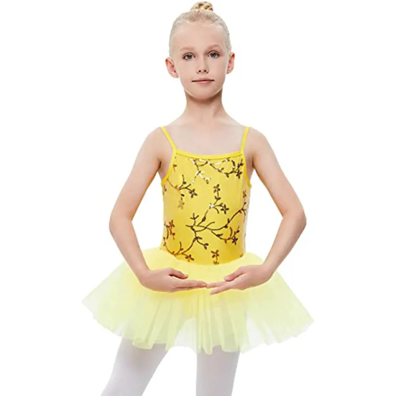 Children's Basic Dance Training Clothing Yellow Sleeveless Dance Wear Leotard Dress Splice Bowknot Chiffon Skirt Ballet Dress