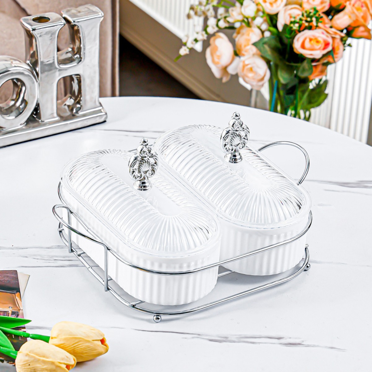 Cadre Fleur Argenté - Blanc - Grande Assiette Ovale - 2 Compartiments