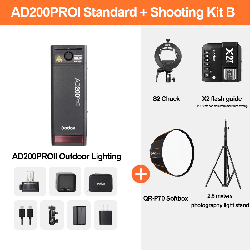 AD200ProII + X2t + Soporte S2 + QR-P70 + Soporte de luz de 2,8 m