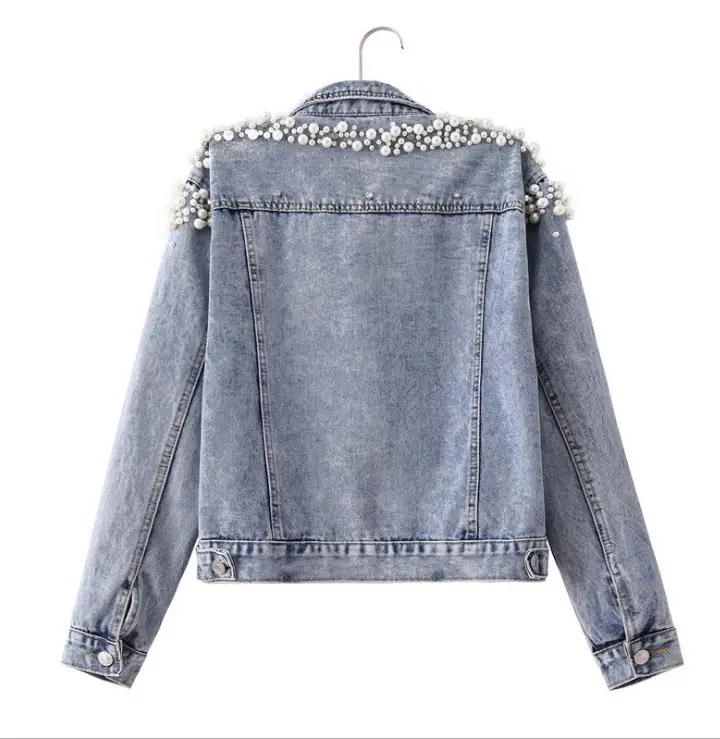 Nuova giacca Casual monopetto da donna in Denim in cotone pesante stile Street Fashion Pearl/perline/top/perline taglie forti