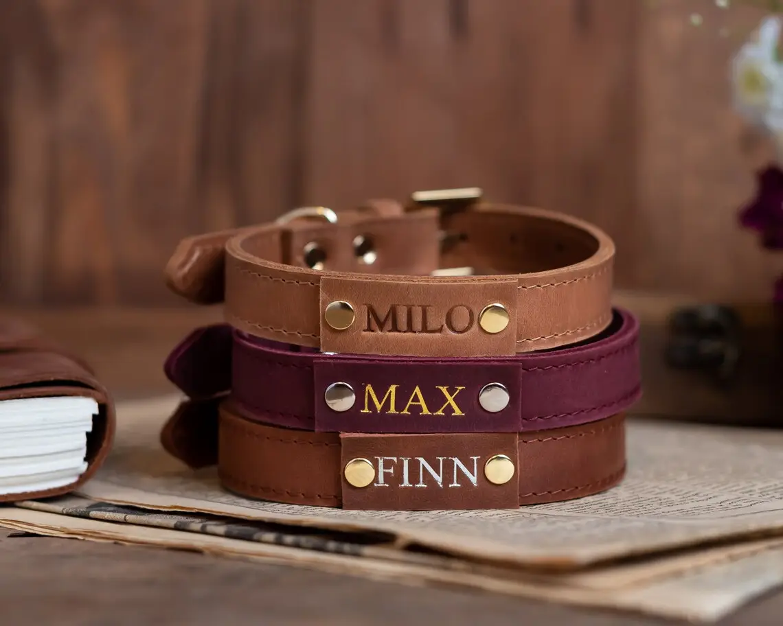 Collari per cani in pelle con colori personalizzati personalizzati logo in pelle personalizzato collare per cani targhette identificative per cani di taglia piccola e media