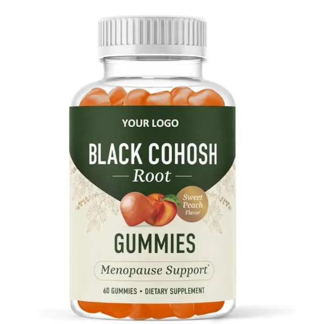 Label pribadi Cohosh Gummies hitam untuk wanita Opi bantuan untuk Flash panas & keringat malam suplemen tapak