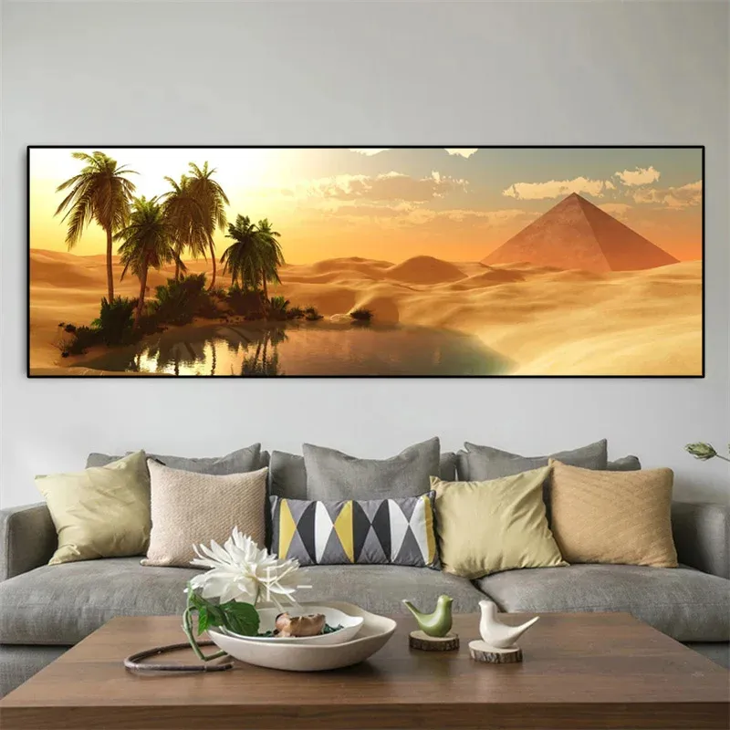 Paysage Panorama Oasis Sandy Desert Art Peinture Sunset Sand Posters and Prints Wall Art Pictures for Home Decor