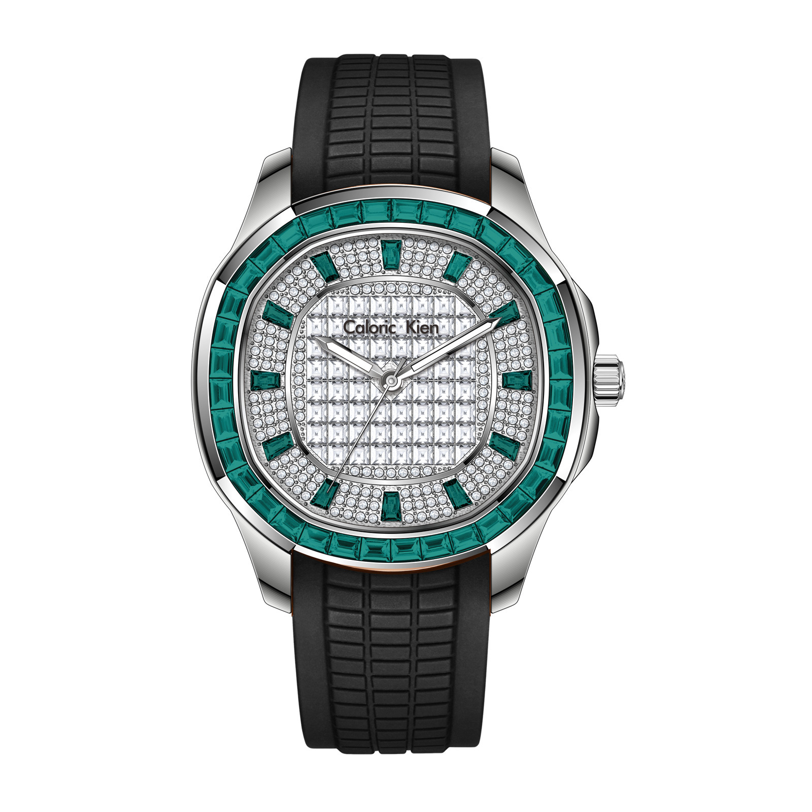 diamond-encrusted case, black silicone strap