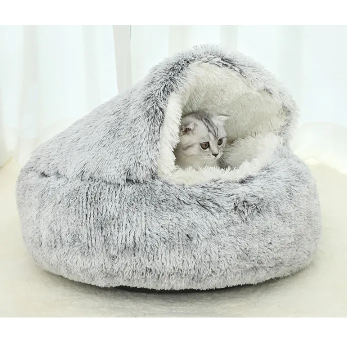 긴 봉제 진정 고양이 봉제 하우스 개 침대 중형 동굴 침낭 애완 동물 침대 겨울 고양이 침대 집
