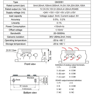 Sensore di corrente trifase QN3DB1 AC 50mA 100mA 1A 5A 10A 20A 50A 100A / 4-20mA 0-5V 0-10V RS485 trasduttore di corrente trifase