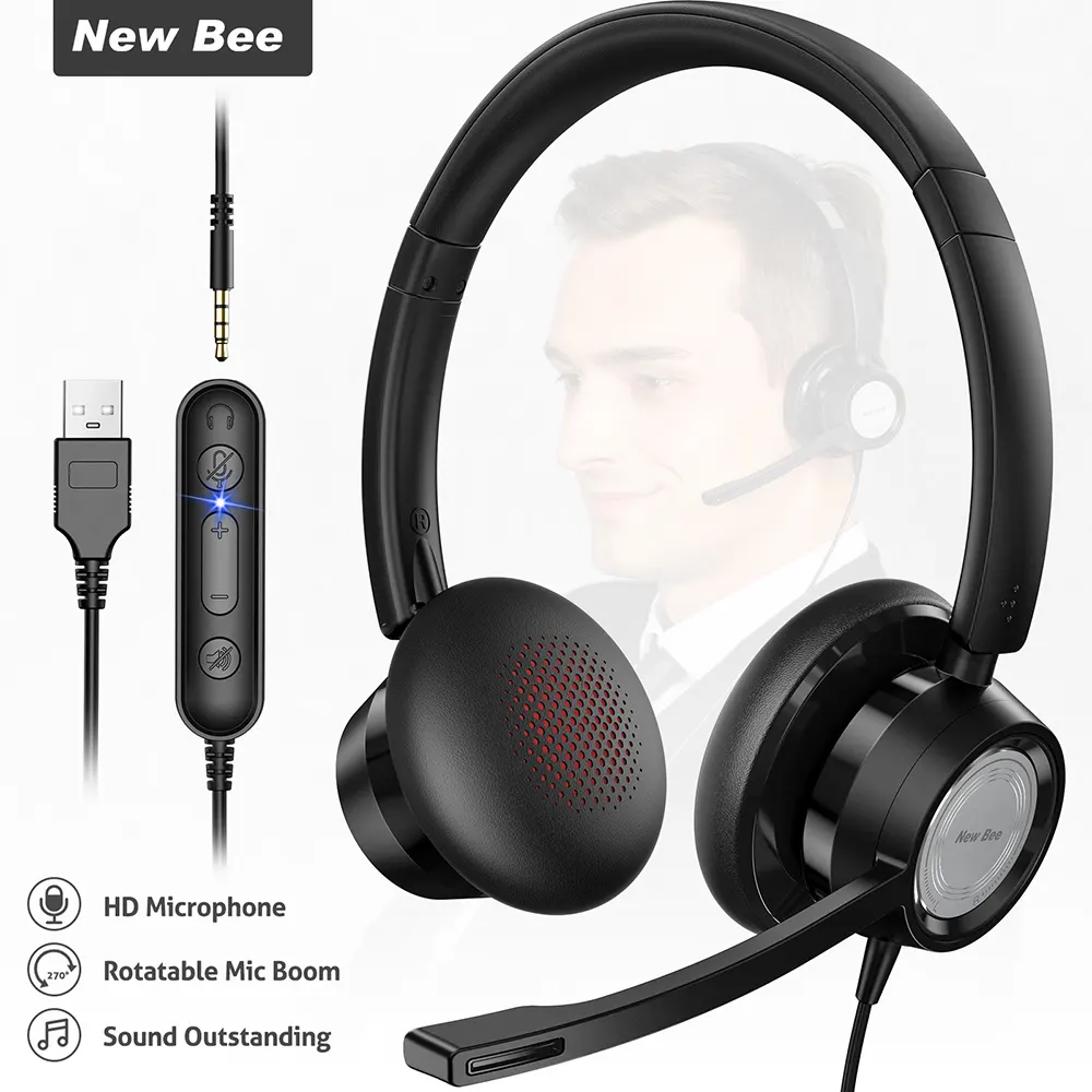 New Bee H362 cuffie per telefono aziendale con riduzione del rumore cablate sull'orecchio USB PC Computer Call Center cuffie con microfono