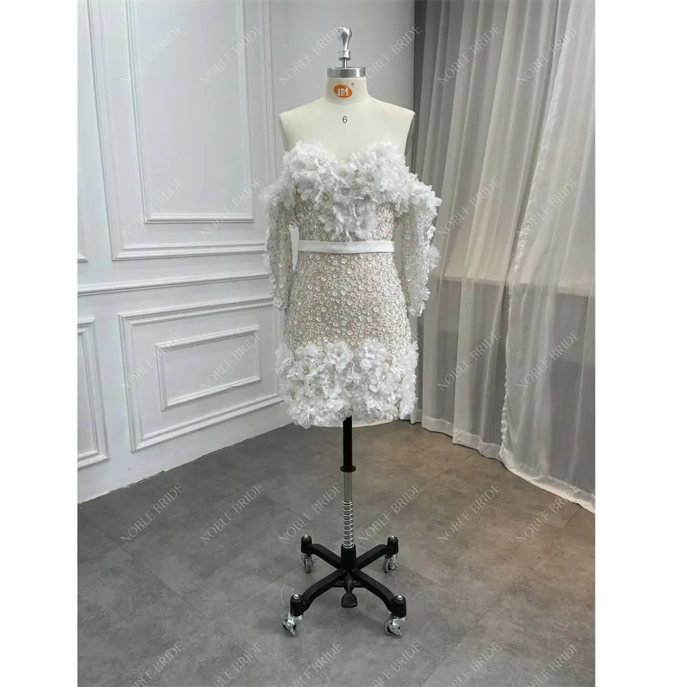 2024 détachable manches longues 3D fleurs perlées dentelle courte robe de mariée personnalisée
