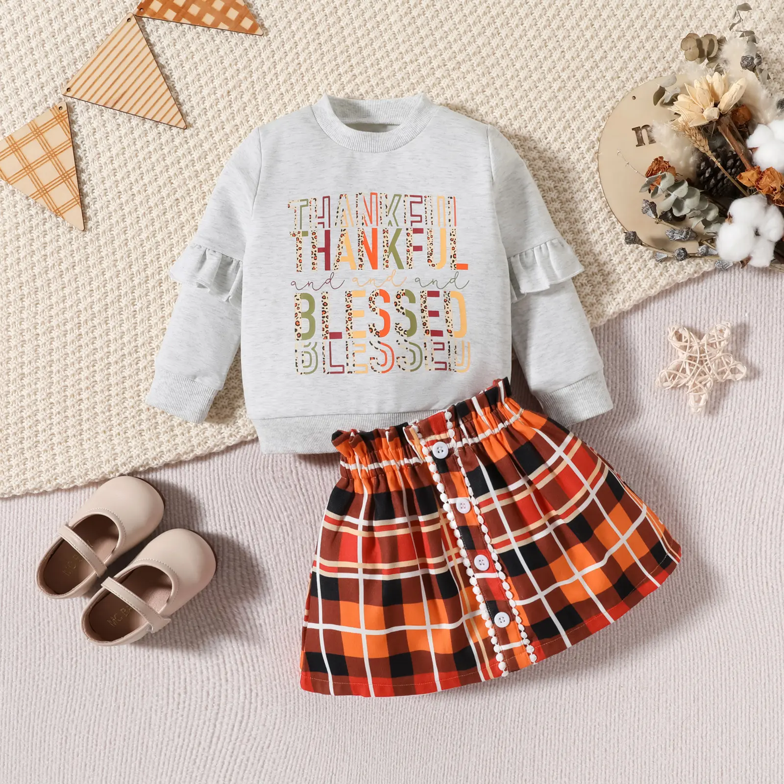 Großhandel Mode Baby Mädchen Rock Set Kleinkind Thanksgiving Letter Print Sweatshirt Plaid Minirock Outfits Säuglings anzug