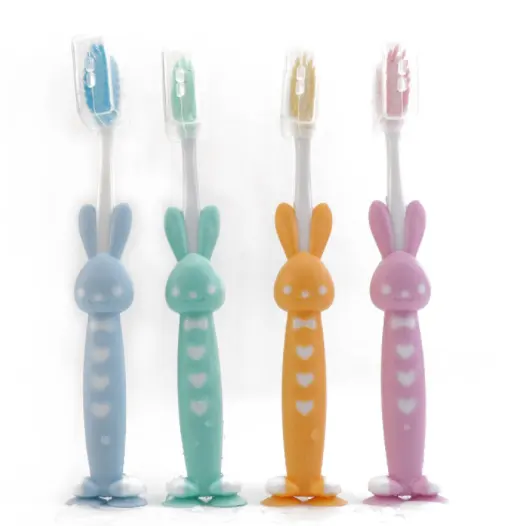 Brosse à dents pour enfants, base ventouse de dessin animé lapin, brosse à dents souple, manuel pour enfants