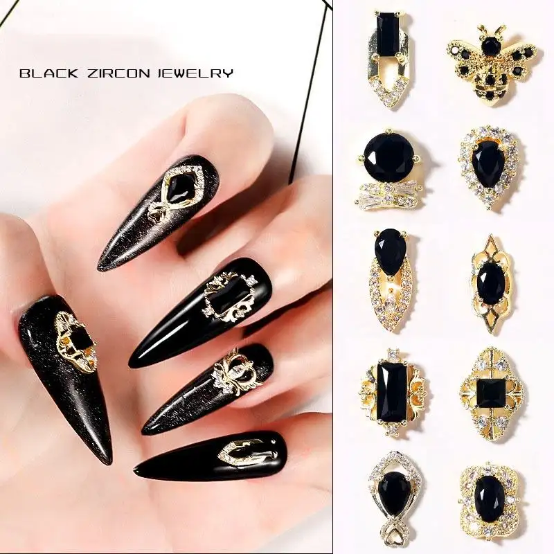 Commercio all'ingrosso di lusso leggero 3D bellezza chiodo diamanti zircone nero kawaii nail charms lega strass lucido alla rinfusa