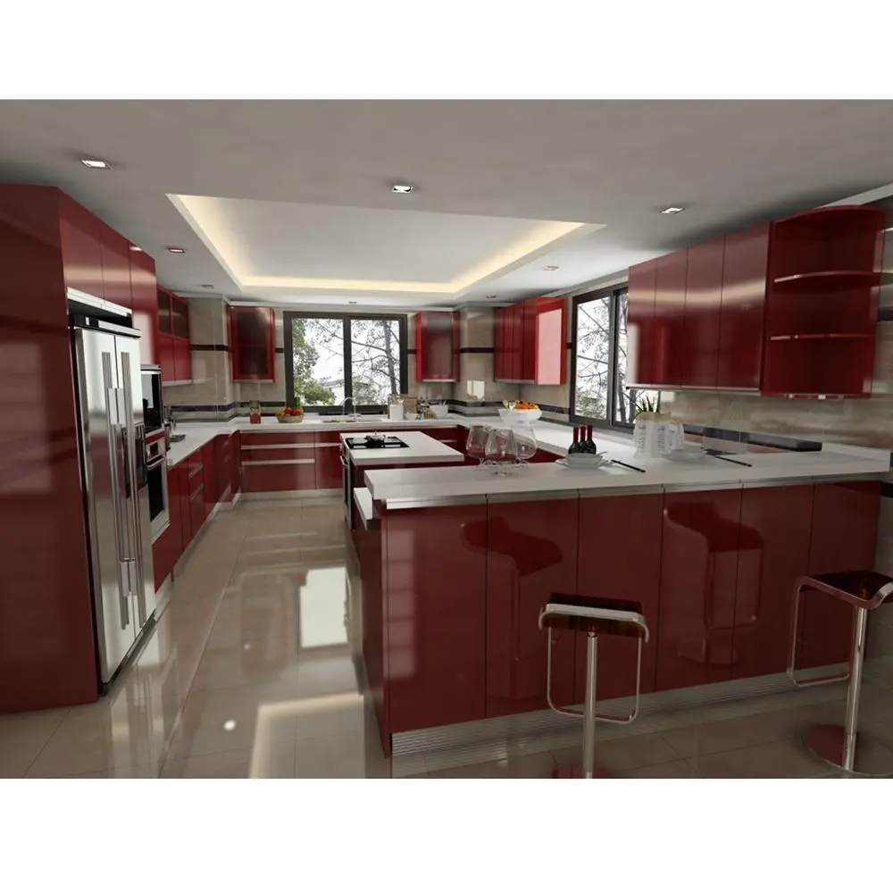 Muebles modernos modulares personalizados, color rojo, laca de alto brillo, armarios de cocina
