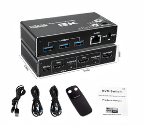 Conmutador KVM 8K HDMI 2 en 1 salida 2x1 conmutador USB 3,0 conmutador KVM compatible con RJ45 Ethernet 8K @ 30Hz, 4K para teclado de monitor de ordenador