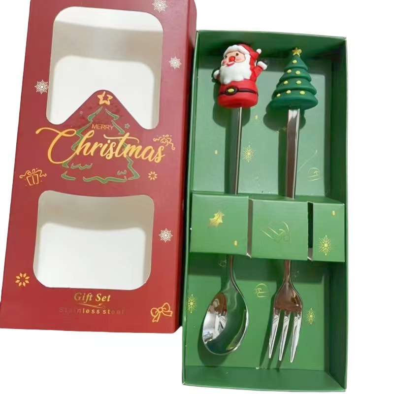 Ensemble de couverts argentés 2 pièces (cuillère et fourchette) - Boîte rouge motif Noël (Père Noël et sapin).