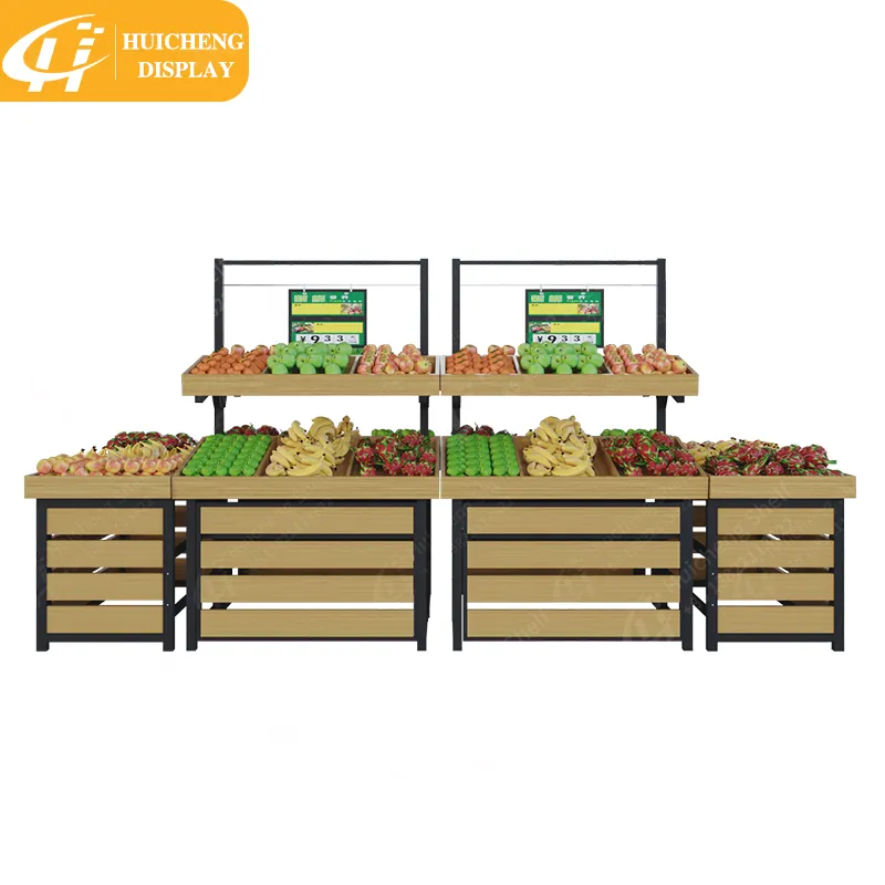 Customized Supermarket fruit and vegetable display rack wood stripe style dried fruit display stand wood crate display rack