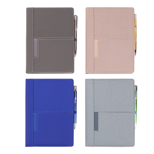 Cuaderno de cuero PU impreso con diseño de página de logotipo personalizado A5, tapa dura beige, 96 hojas con lazo para bolígrafo y bolsillo - Product Image 2