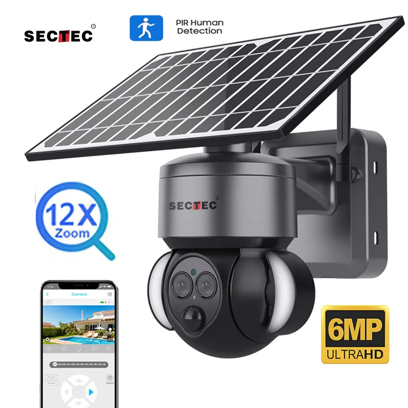 2024 CCTV HD 6MP PIR Sistema de seguridad de detección humana Wifi 12X Zoom Cámara Domo de velocidad IP PTZ 4G Red Cámara de batería solar