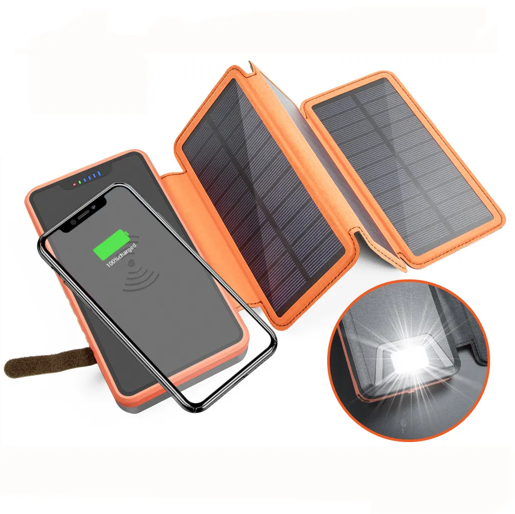 20000mAh katlanabilir Qi kablosuz şarj GÜNEŞ PANELI Powerbank su geçirmez güneş enerjisi bankası iPhone için el feneri ile