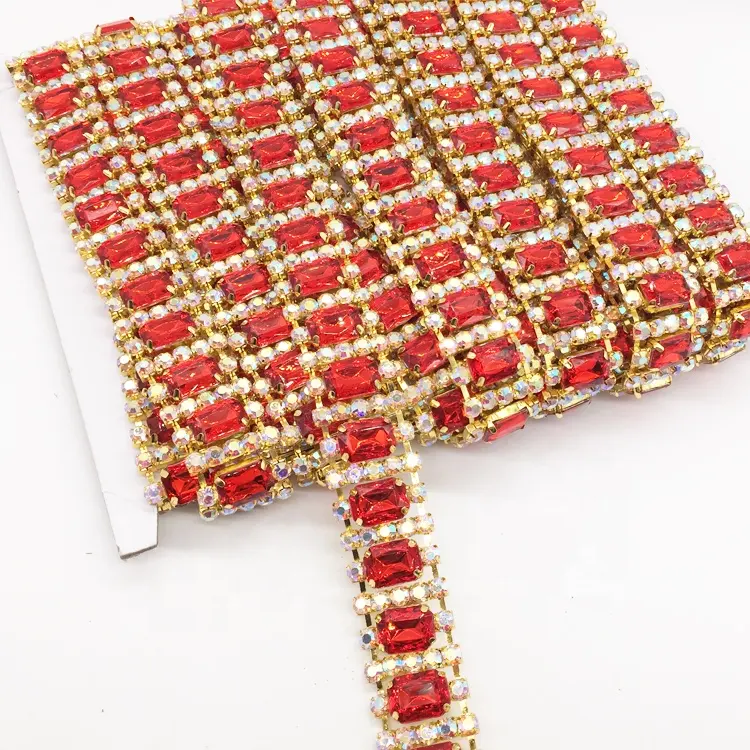 Strass vermelho cristal de luxo de malha, strass de tecido aparando strass corrente guarnição em ouro por quintal