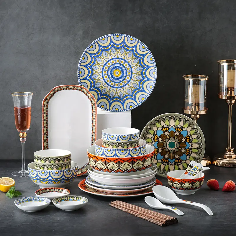 Set di stoviglie in ceramica stile marocchino in ceramica fatta a mano in gres porcellanato 16 pezzi Set di stoviglie colorate in porcellana Fine