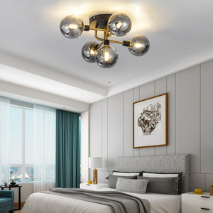 Modern <strong>Design</strong> Amber Color Glass Ball Ceiling Lamp 5 Heads Metal Plate Pendant Light Surface Mounted <strong>LED</strong> Chandelier - Product Image 4