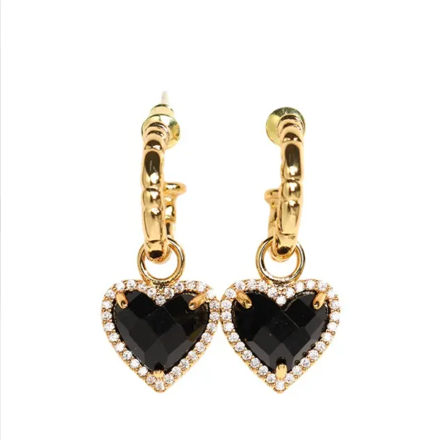 Vintage black gold heart C-shaped diamond white copper gold plated earrings