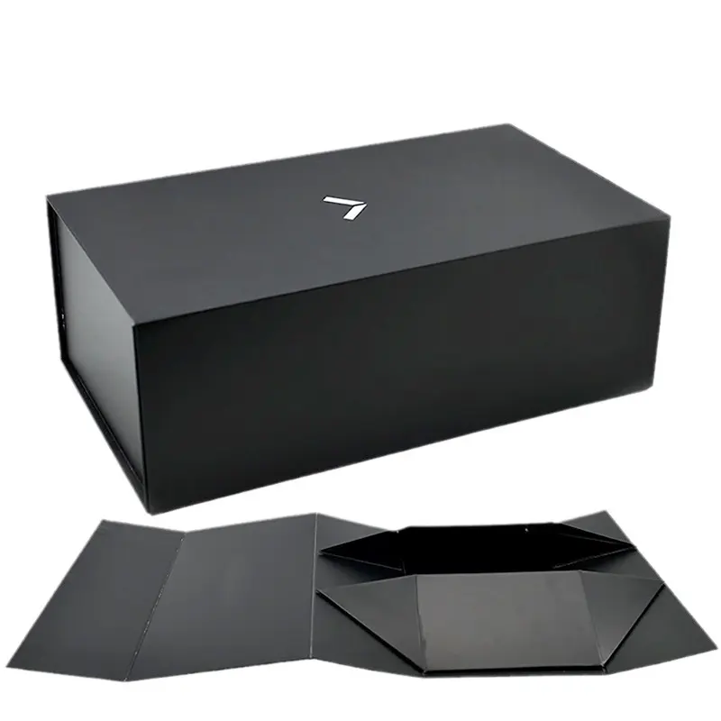 리본이있는 블랙 리지드 플랫 럭셔리 마그네틱 접이식 보관 종이 선물 상자