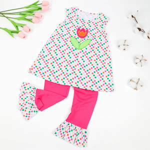 蹒跚学步的女孩漂亮花朵贴花<span class=keywords><strong>capris</strong></span>长裤套装儿童褶皱裤套装女婴圆点针织棉衣套装