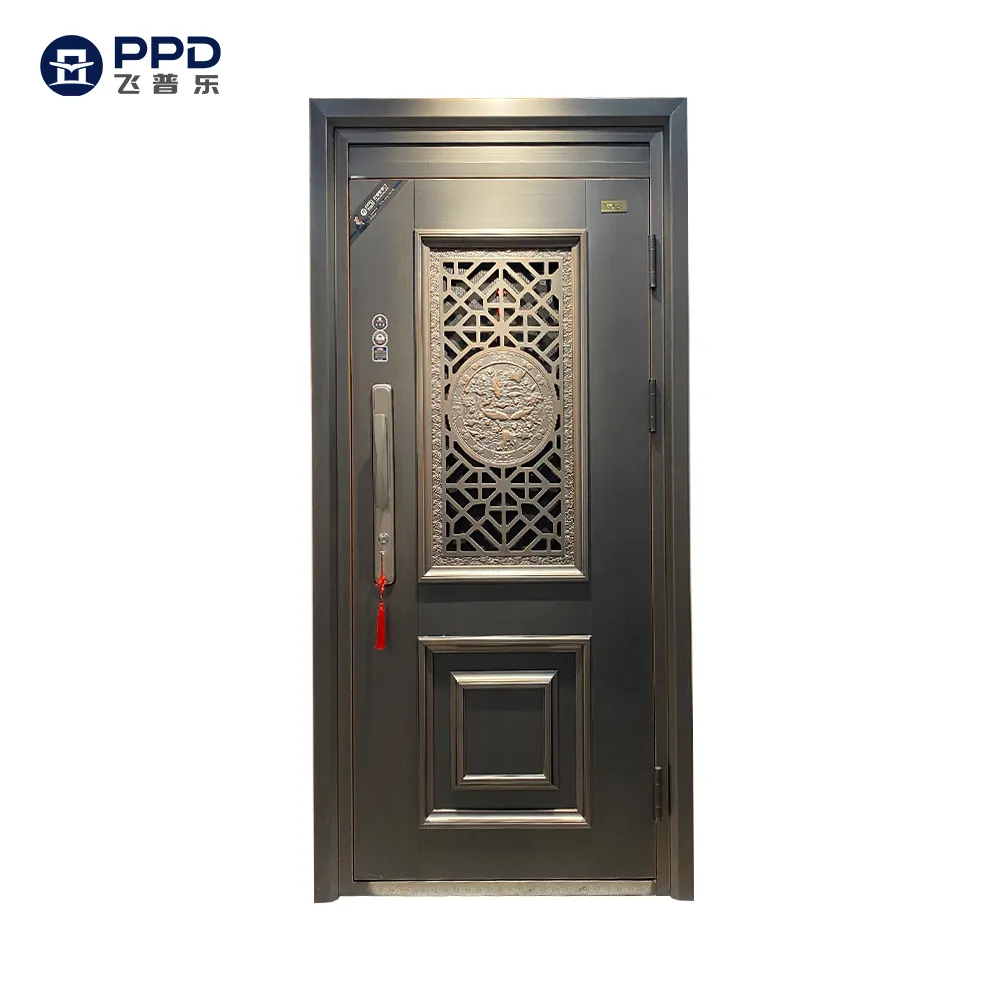 Puerta delantera de acero de seguridad para el hogar, diseño moderno de puerta doble de fabricante chino