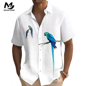 Erkek düğme aşağı gömlek, yaz havai gömleği, papağan desen kısa kollu gömlek - Product Image 1
