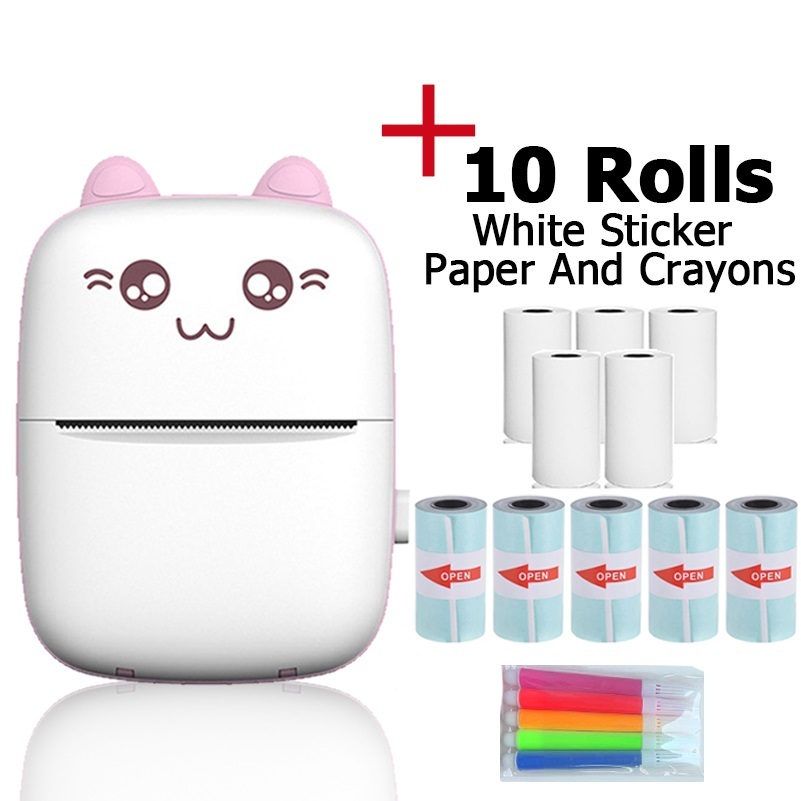 Imprimante rose + 10 rouleaux de papier + 5 crayons