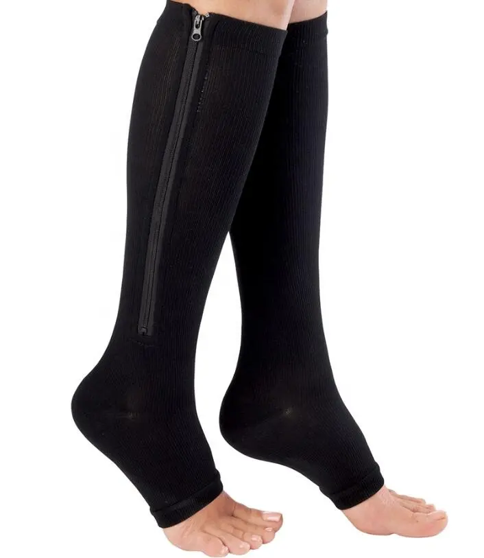 Meias de compressão 20-30 mmhg com zipper, perna aberta suporte meia até o joelho