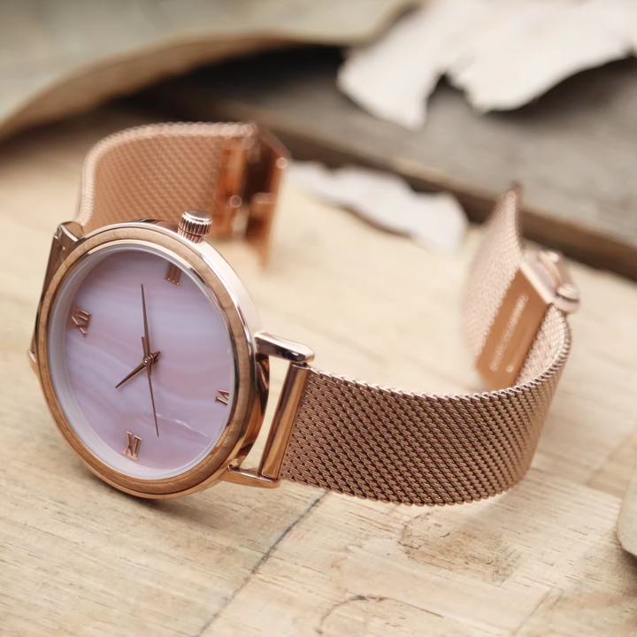 2024 Nieuwe Roségouden Parelmoer Wijzerplaat Rvs 3atm Waterdichte Mesh Band Luxe Horloges Voor Vrouwen