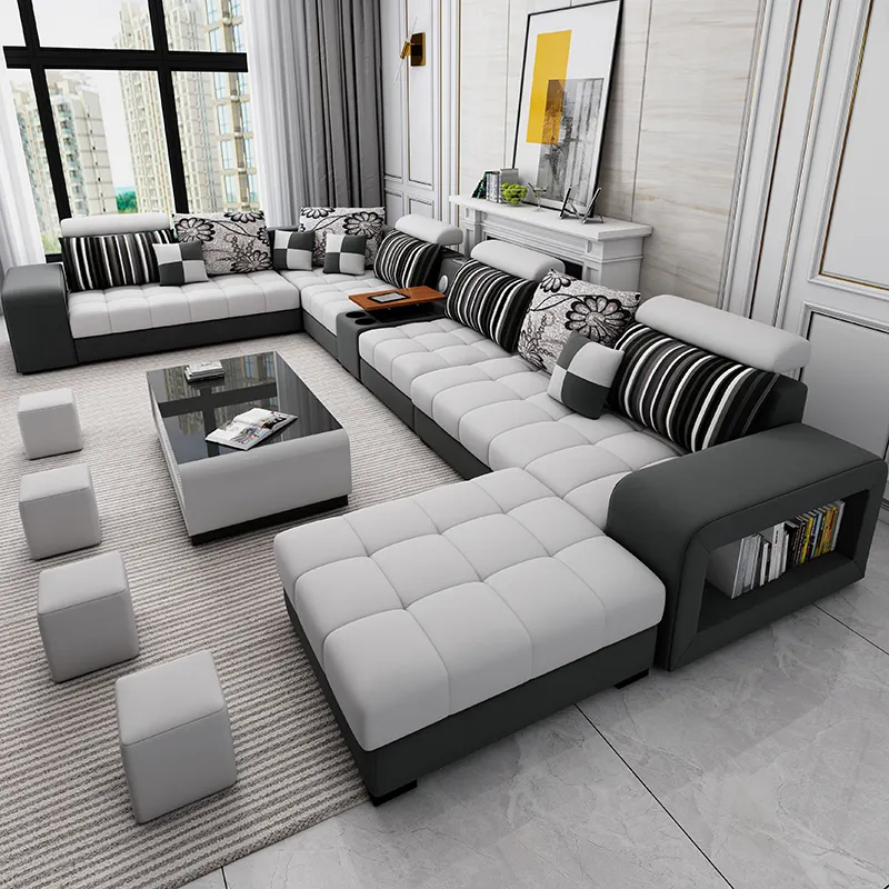 Estilo moderno Tecido Sofá secional Cum Bed Sofá Sala Sofás Set Home Furnture Luxo u em forma de sofá de canto set 7 lugares