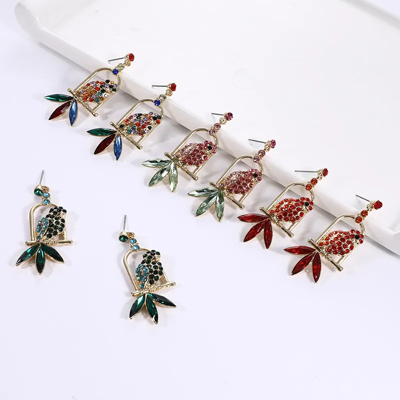 Hot Sale Red Rhinestone Parrot Stud Earrings Colorful Crystal Bird Canary Dangle Earrings Women Jewelry