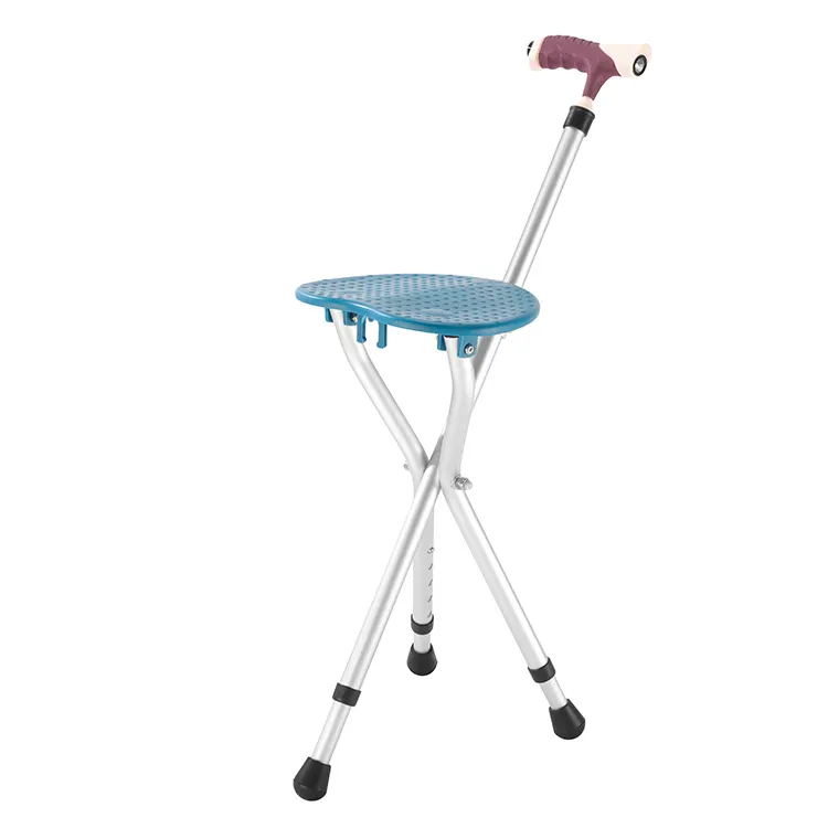 Cadeira de caminhada multifuncional, bengala anti-derrapante ajustável de pegada portátil com três pés