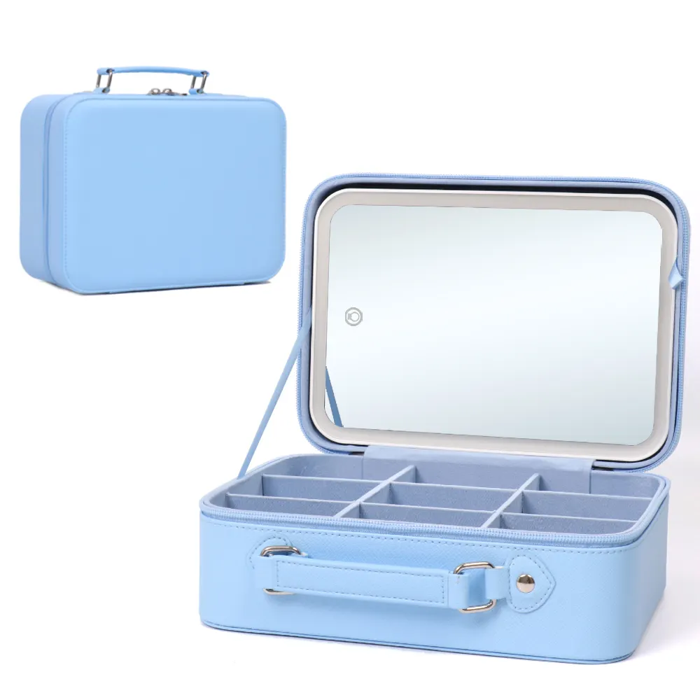 Ayna ile Pu deri makyaj çantası Led ışık ayrılabilir taşınabilir makyaj seyahat organizatör vaka ile ayna