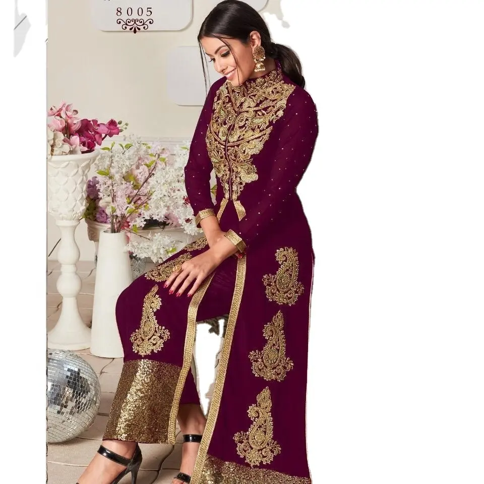 Personalizzato collo rosso e marrone progettato Kurti ricamato fantasia con Designer Salwar Kameez per ragazze