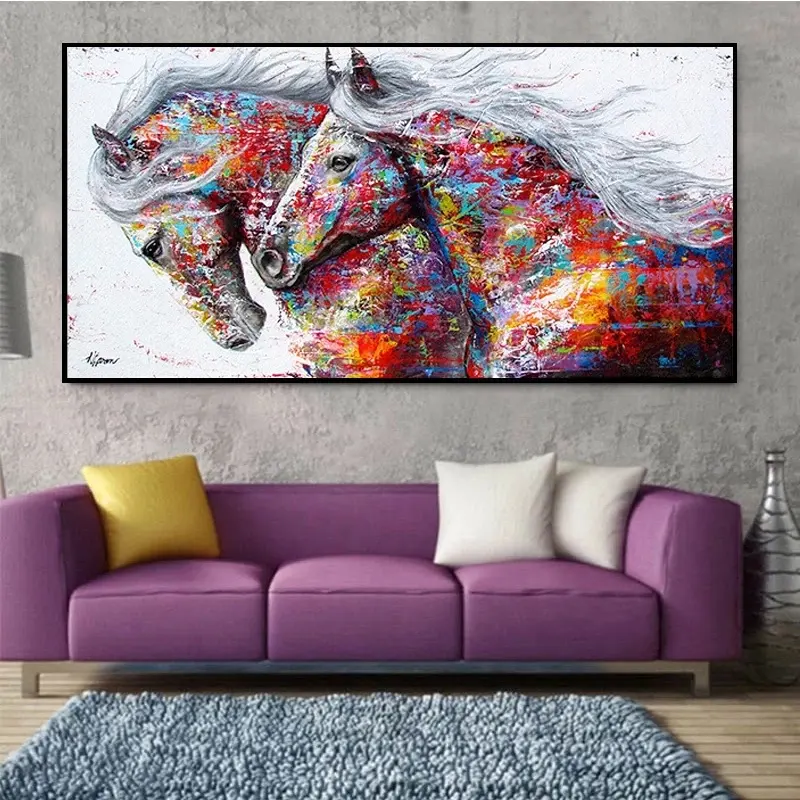 100% pintados à mão abstrata dois cavalos vermelhos Running Wall Art pintura a óleo cavalo decorativo sobre tela