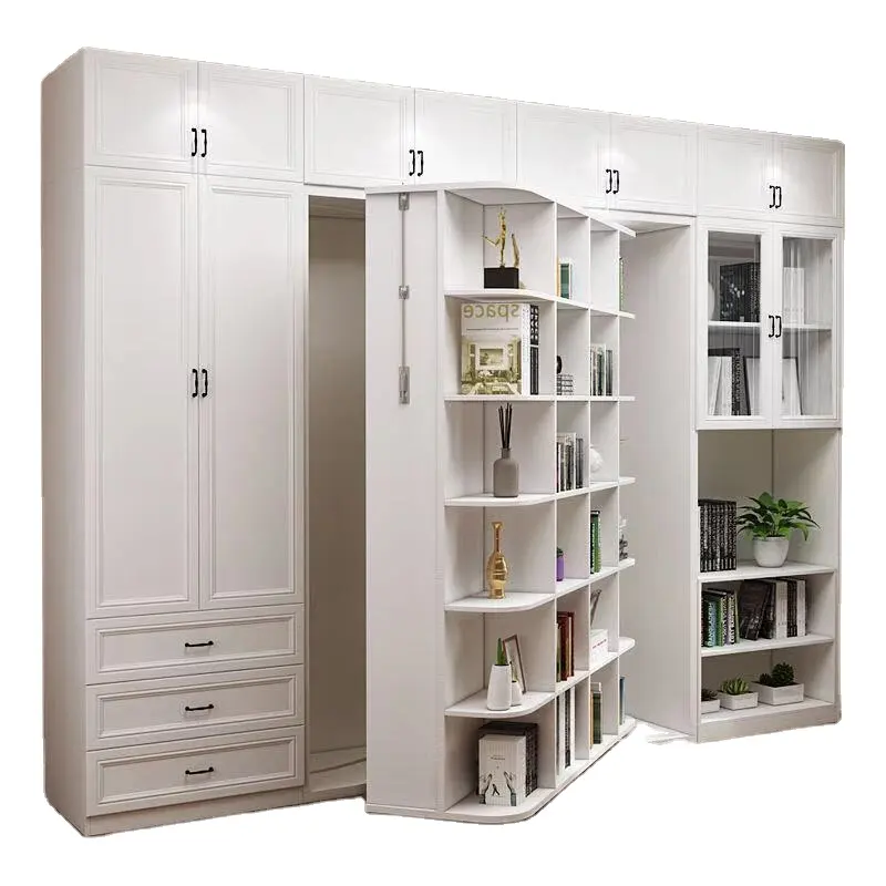 Combinaison de lit pliant invisible rotatif en bois armoires de garde-robe multifonctionnelles bureau bibliothèque mur lit escamotable