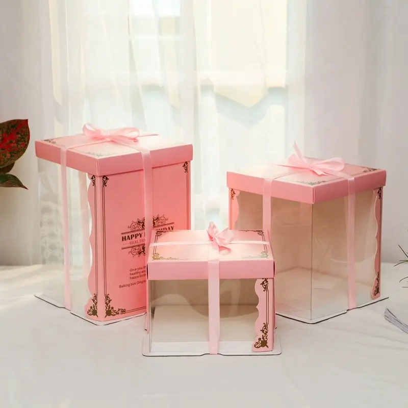 Scatola per torta trasparente da Dessert in carta riciclata personalizzata bianco rosa matrimonio compleanno 6 8 10 scatola per torta alta 12 pollici con finestra