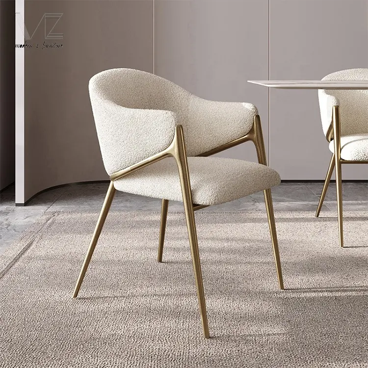 Stile europeo sala da pranzo mobili moderno bianco sedie da cucina in acciaio inox bouclé accento sedia da pranzo con gamba d'oro